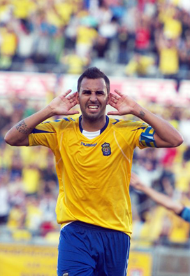 Nauzet Alemán, en la celebración del segundo tanto / Samuel Sánchez (UDLASPALMAS.NET.)