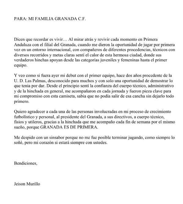 Carta de Jeison Murillo colgada en su twitter