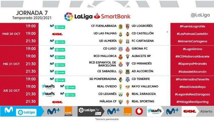 Ya se conocen las fechas de celebración de la jornada 6 y la 7 de la La Liga Smartbank. La UD Las Palmas se medirá el sábado 17 de Octubre contra la UD Almería en el Gran Canaria a las 17:15hrs. (hora canaria) y el martes 20 de Octubre contra el Castellón de Rubén Castro.