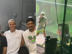 Moleiro, Marc Cardona y Coco, en el concierto; a la derecha imagen de @Aythamipg98 (Twitter) durante el concierto con la camiseta de la UD y el dorsal 19