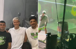 Moleiro, Marc Cardona y Coco, en el concierto; a la derecha imagen de @Aythamipg98 (Twitter) durante el concierto con la camiseta de la UD y el dorsal 19