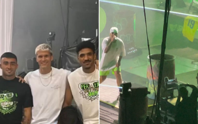 Moleiro, Marc Cardona y Coco, en el concierto; a la derecha imagen de @Aythamipg98 (Twitter) durante el concierto con la camiseta de la UD y el dorsal 19