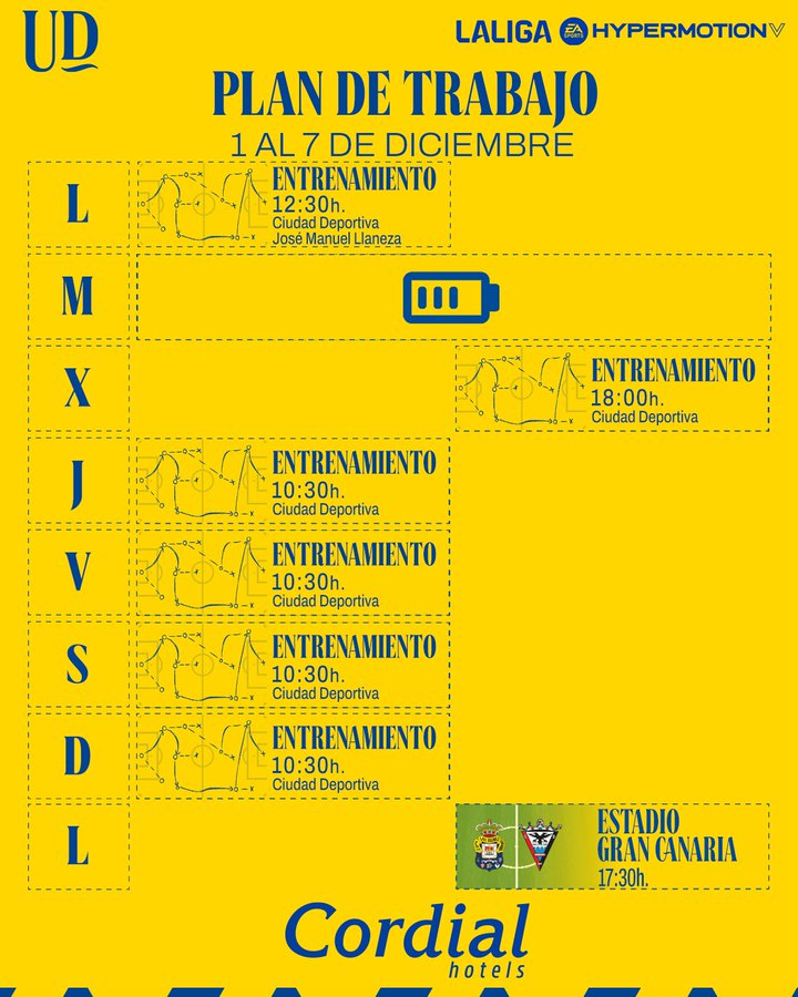 Plan entrenamientos Mirandés | udlaspalmas.NET La Unión Deportiva Las Palmas realizará cinco entrenamientos en la Ciudad Deportiva de Barranco Seco para preparar el partido de este lunes contra el Mirandés. Semana larga para la Unión Deportiva Las Palmas. Una vez más, el calendario ha dado una tregua a los amarillos y la eliminación copera contra el Extremadura ha hecho que