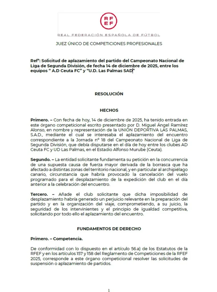 a61f5962-dd96-49c2-b6d2-f1f5622fade8_source-aspect-ratio_1600w_0 | udlaspalmas.NET El juez único de competiciones profesionales considera que entra dentro de las posibilidades que un viaje se pueda retrasar y decidió no aplazar el partido. En las horas previas a la visita de la Unión Deportiva Las Palmas al Ceuta, con todo lo vivido por el conjunto grancanario para desplazarse hasta Tetuán y posteriormente Ceuta,