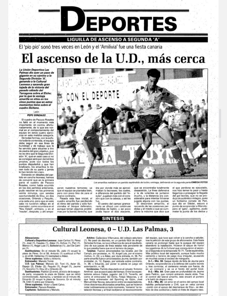 El 9 de junio de 1996 la Unión Deportiva Las Palmas salió victorioso del Antonio Amilivia en una victoria que ponía en bandeja el ascenso a Segunda División tras cuatro años de travesías en la categoría de bronce del fútbol español. "La Unión Deportiva, imparable". "La UD ya 'toca' el el ascenso". Así abrían las