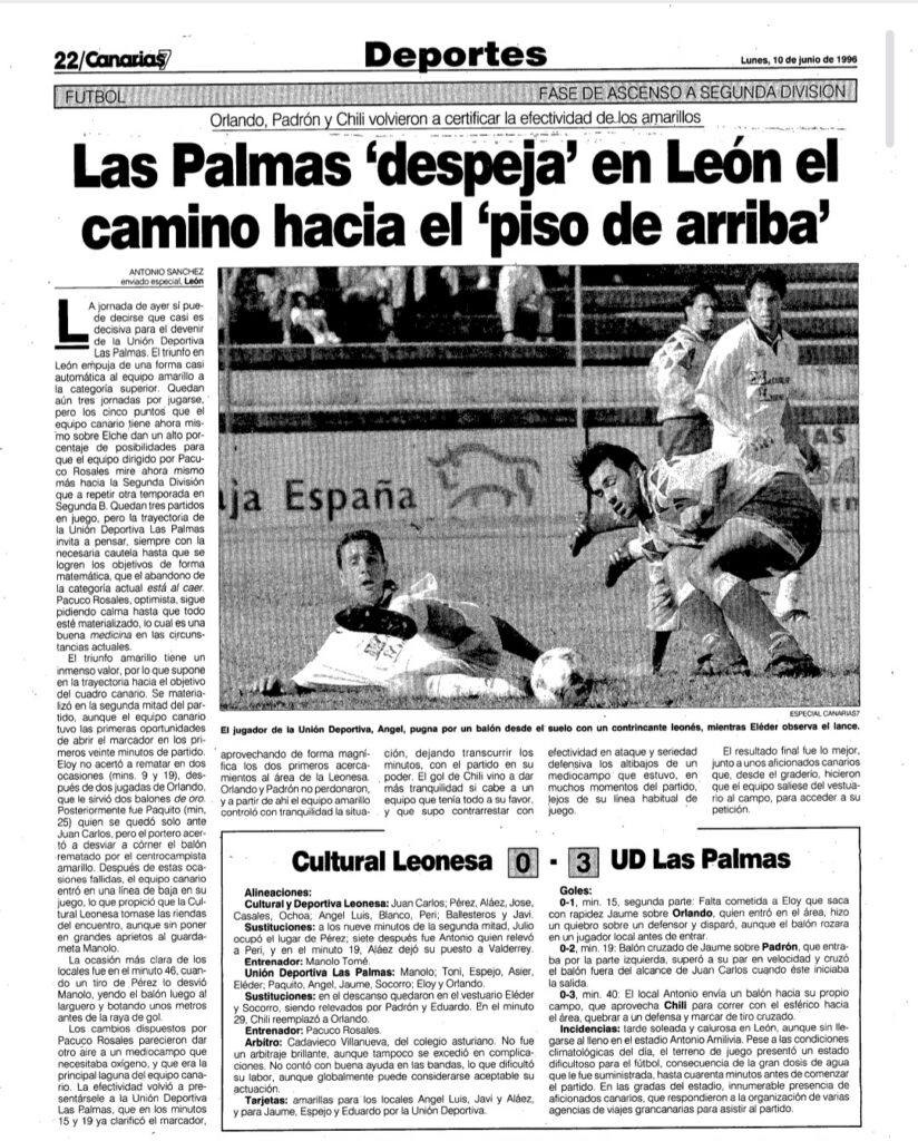 El 9 de junio de 1996 la Unión Deportiva Las Palmas salió victorioso del Antonio Amilivia en una victoria que ponía en bandeja el ascenso a Segunda División tras cuatro años de travesías en la categoría de bronce del fútbol español. "La Unión Deportiva, imparable". "La UD ya 'toca' el el ascenso". Así abrían las