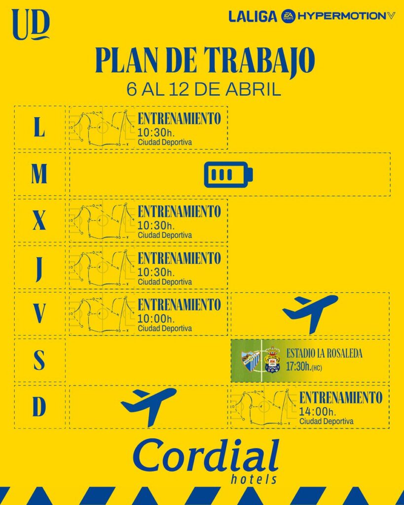 Plan entrenamiento Málaga | udlaspalmas.NET El conjunto grancanario descansa este martes tras una suave sesión regenerativa este lunes y volverá este miércoles a los entrenamientos. El viernes, desplazamiento a Málaga. Día de descanso para la Unión Deportiva Las Palmas. Tras tres partidos en ocho días, donde la Unión Deportiva fue capaz de sacar seis de los nueve puntos posibles, el