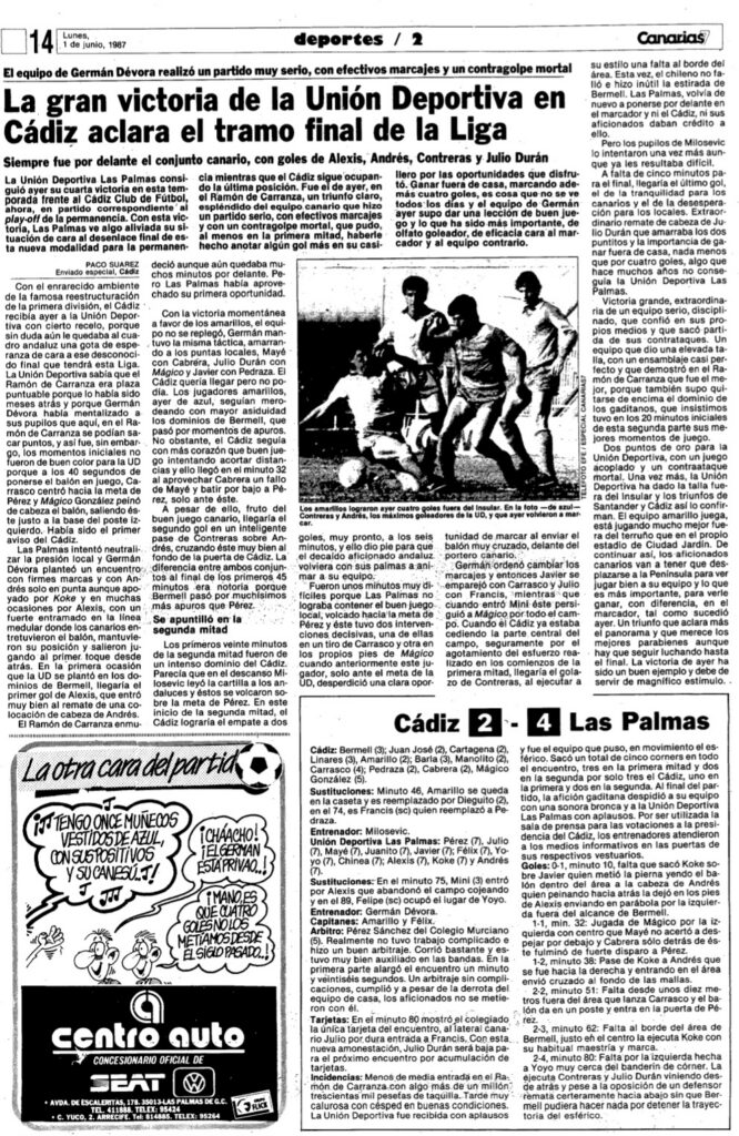El conjunto grancanario no gana en casa del Cádiz desde el 31 de mayo de 1987 cuando dio un paso de gigante hacia la permanencia. Esa misma temporada ya había ganado en su casa apenas dos meses antes. Unión Deportiva Las Palmas y Cádiz Club de Fútbol vivían en la temporada 1986-1987 en Primera División.