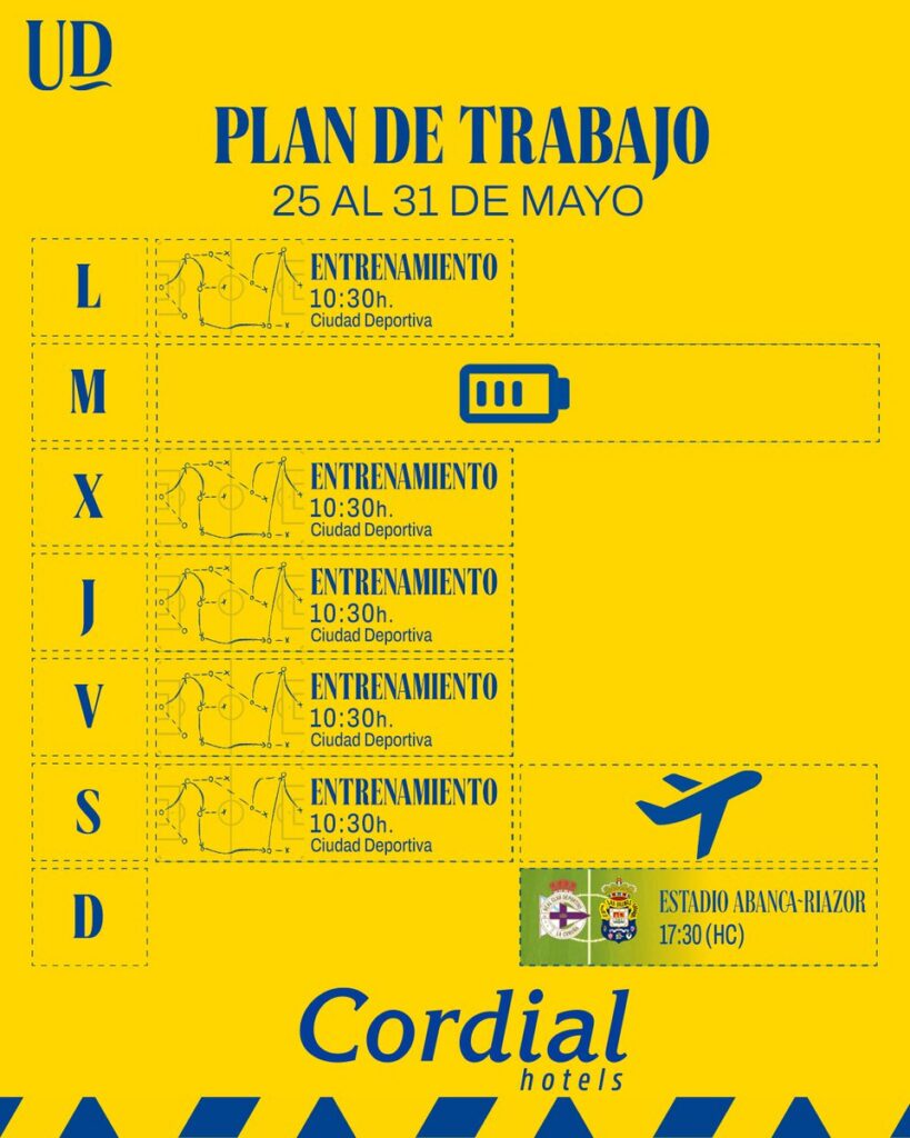 plan de trabajo deportivo | udlaspalmas.NET El conjunto grancanario descansa este martes antes de volver este miércoles a la Ciudad Deportiva de Barranco Seco para empezar a preparar la final contra el Deportivo de La Coruña. La Unión Deportiva Las Palmas disfruta este martes de un día libre. Tras el decepcionante empate contra el Real Zaragoza (1-1), el conjunto grancanario entrenó
