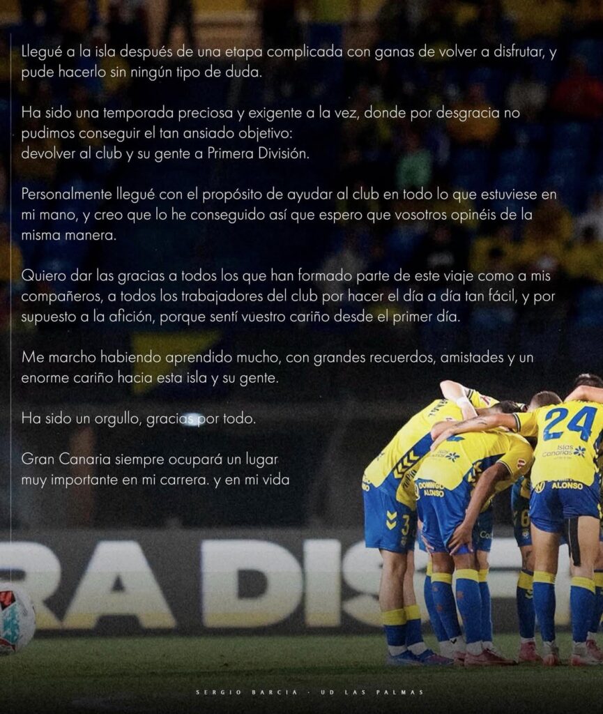 El central gallego se despide de la Unión Deportiva Las Palmas con un mensaje a través de sus redes sociales. Sergio Barcia termina este 30 de junio su cesión con la entidad grancanaria. Sergio Barcia y la Unión Deportiva Las Palmas seguirán por caminos distintos. La entidad grancanaria intentó hacerse con los servicios del central