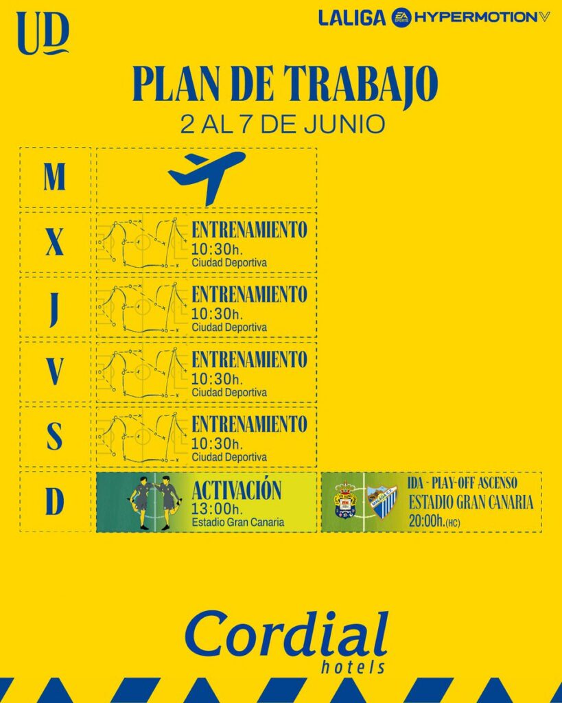 El conjunto grancanario llega este martes a Gran Canaria procedente de Vigo y este miércoles comenzará a preparar el duelo contra el Málaga de la ida de las semifinales de la promoción de ascenso. Día de descanso para la Unión Deportiva Las Palmas. El calendario aprieta tanto y la logística acompañó tan poco al representativo