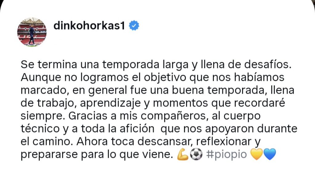 Screenshot_20260614_110251_Instagram | udlaspalmas.NET El cancerbero de la Unión Deportiva Las Palmas mandó un mensaje de final de temporada en sus redes sociales. Con contrato hasta el 30 de junio de 2028, el club ve con buenos ojos darle salida a través de un traspaso. Dinko Horkaš ha sido uno de los mejores jugadores de la Unión Deportiva Las