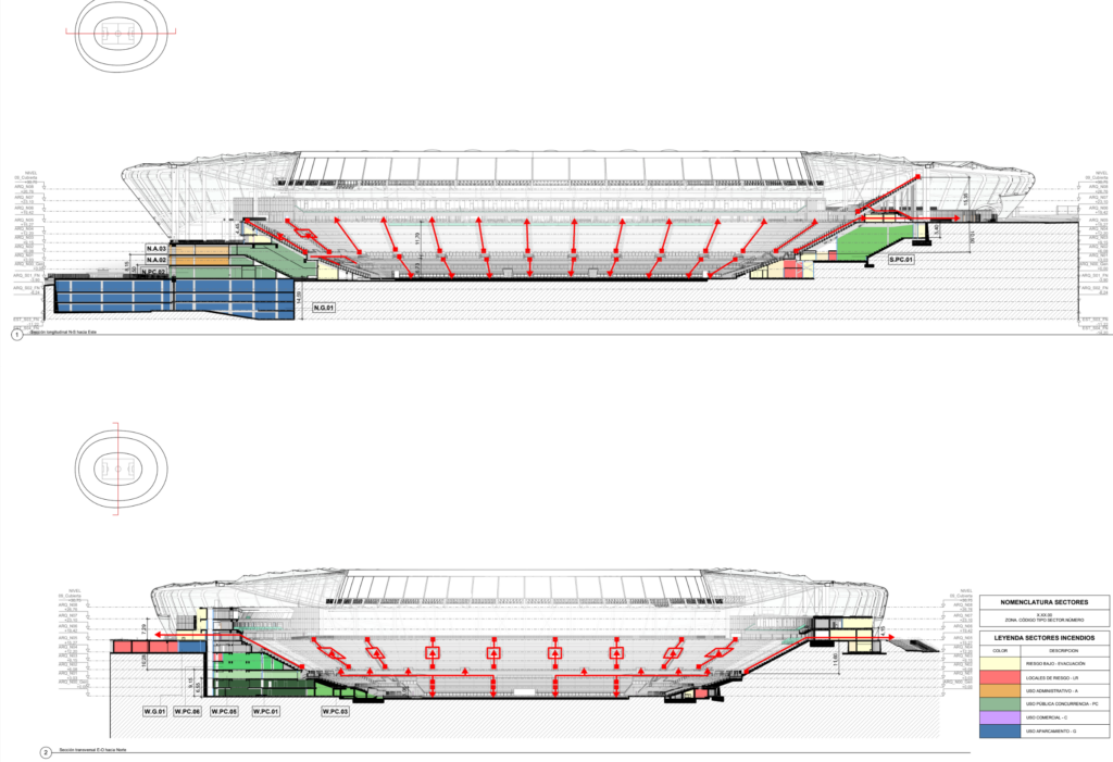 EGC_accesibilidad-evacuacion | udlaspalmas.NET ESPECIAL LA NUBE | ESTADIO DE GRAN CANARIA 2030: El Estadio del Futuro | El futuro Estadio de Gran Canaria está proyectado para superar los 40.000 espectadores, pero el aumento de capacidad obliga a resolver una cuestión decisiva: cómo desalojar el recinto con rapidez y seguridad. La memoria técnica establece como objetivo que la evacuación