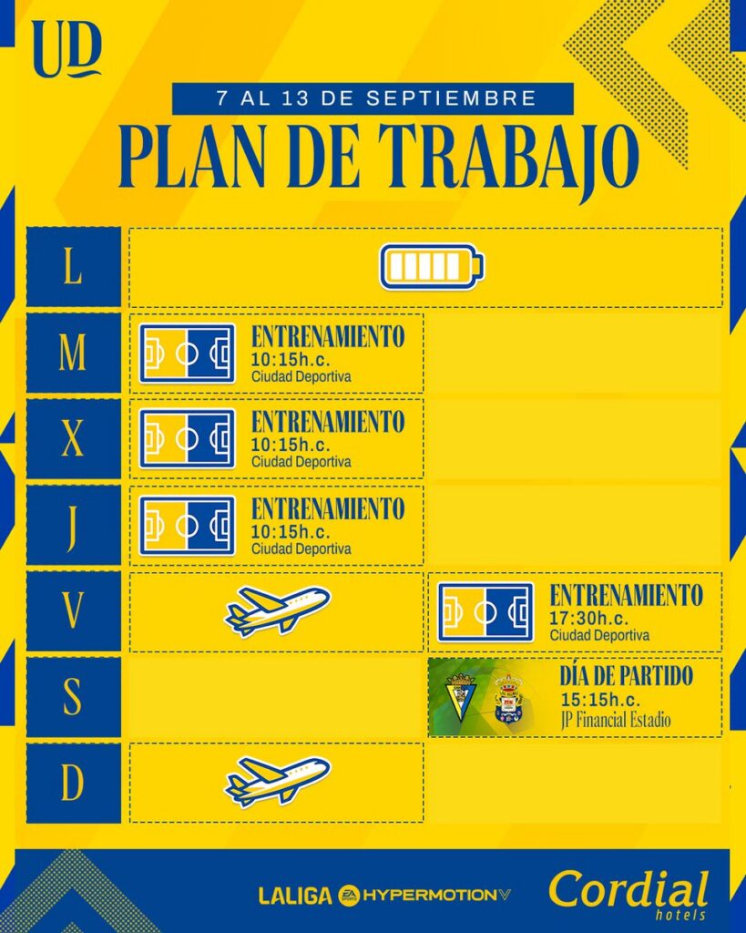 Plan de trabajo Cádiz | udlaspalmas.NET El conjunto grancanario comienza este martes a preparar el encuentro contra el equipo andaluz. La expedición amarilla se desplazará hasta Sevilla el viernes por la mañana. Semana más larga de lo habitual para la Unión Deportiva Las Palmas. El equipo grancanario empató el pasado viernes contra el Leganés en el Estadio de Gran Canaria y