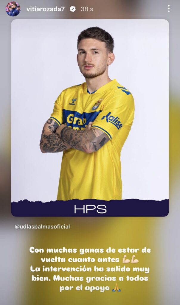El lateral derecho de la Unión Deportiva Las Palmas fue operado este miércoles del menisco de su rodilla izquierda y mandó un mensaje a través de sus redes sociales. Viti Rozada comienza desde este miércoles un nuevo periodo de recuperación. Tras lesionarse a mediados de mayo, el asturiano sigue sin poder volver al grupo y