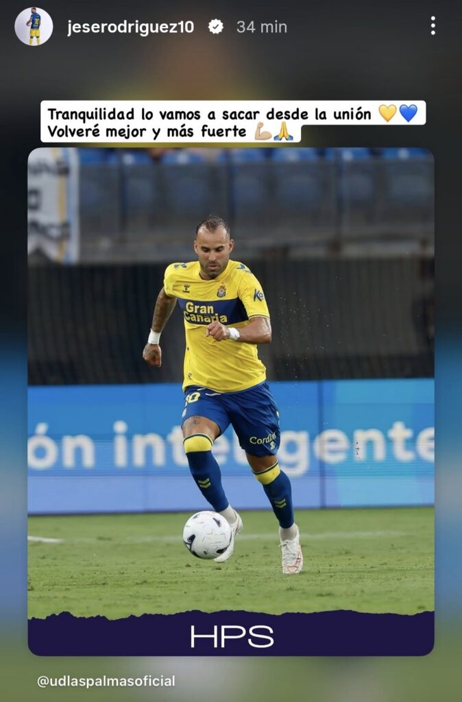 Screenshot_20261005_192437_Instagram | udlaspalmas.NET El delantero de la Unión Deportiva Las Palmas mandó un mensaje a través de las redes sociales al poco de conocerse su lesión muscular, la cual le tendrá alejado de los terrenos de juego durante algunas semanas. Baja muy sensible para la Unión Deportiva Las Palmas. Titular indiscutible siempre que ha estado disponible, Jesé Rodríguez